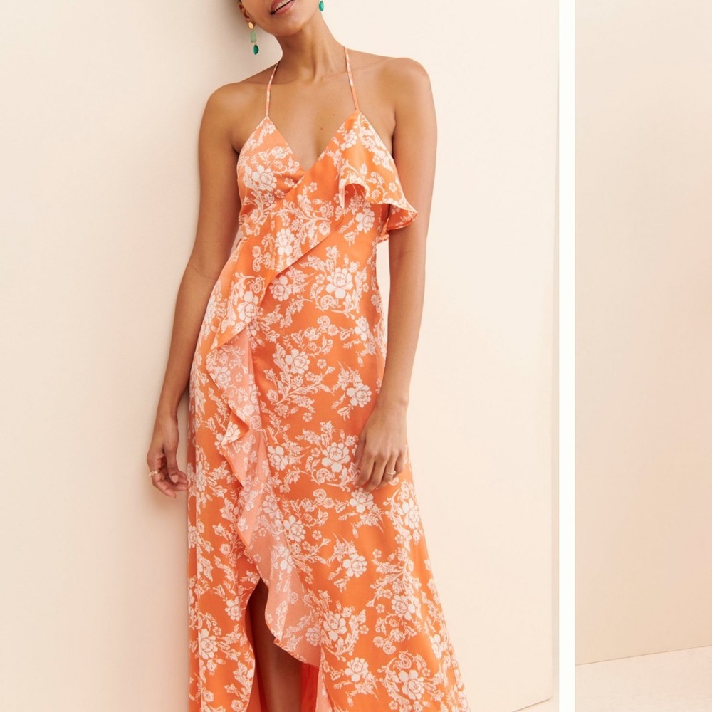 Anthropologie Orange Floral Ruffle wrap maxi Dress